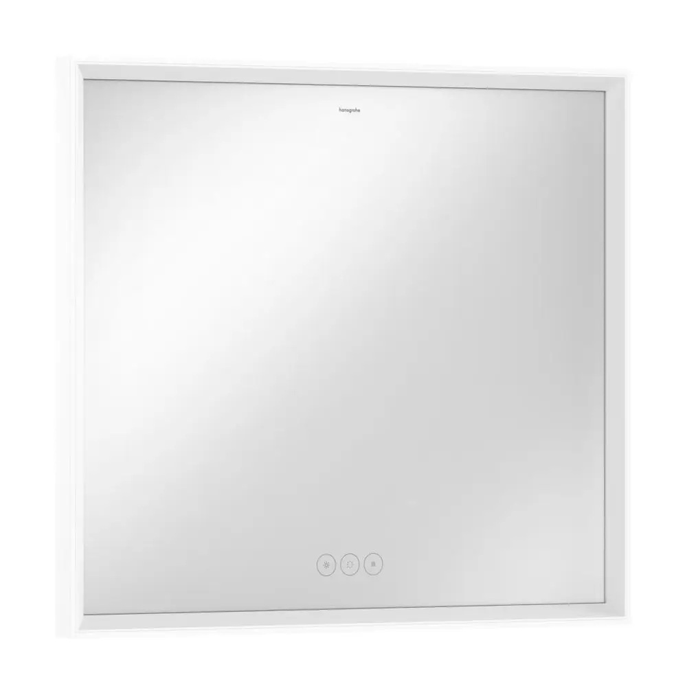 Hansgrohe-Spiegel mit LED-Beleuchtung, rechteckige Form, mattweißer Rahmen, kapazitiver Berührungssensor unten für die Lichtsteuerung.